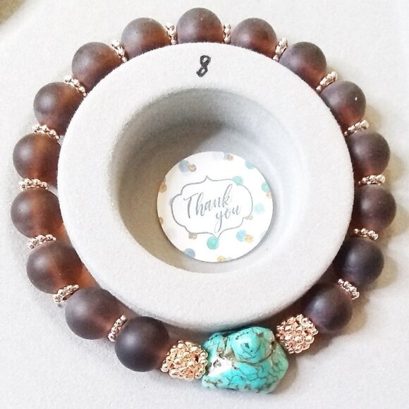 🎁🎁🎁 GIFT WORTHY ~ Beaded Bracelet + Earring Set! Turquoise + Brown + Rosegold - Picture 5 of 8